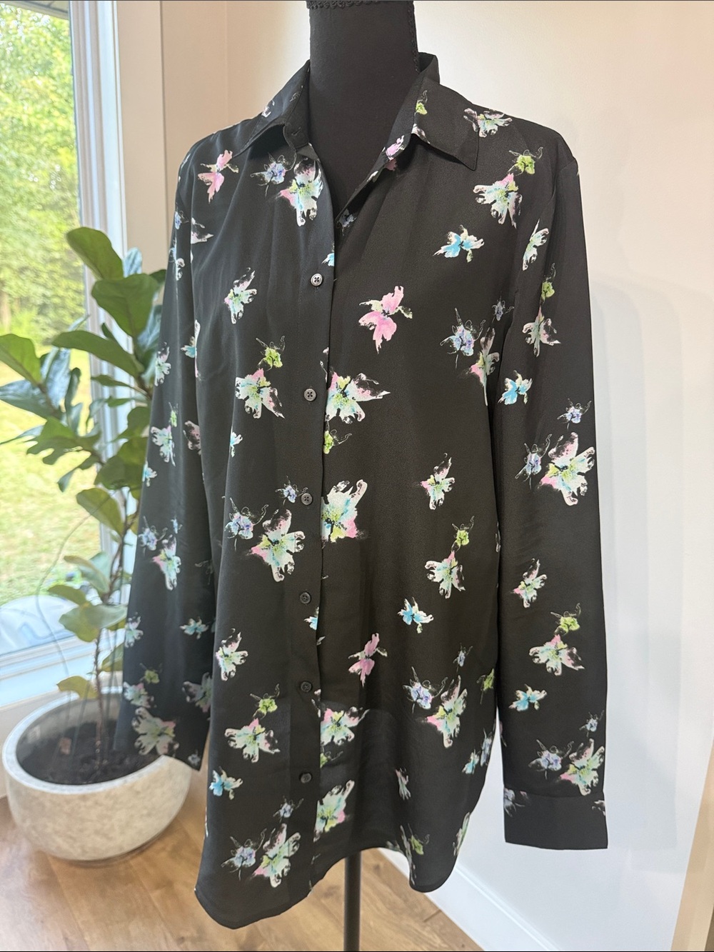 Banana Republic Black Button-Down Shirt with Pastel Floral Print